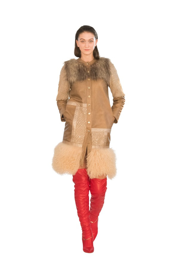 Fur Collage Reindeer Embossed Stripes Reindeer Leather Trench