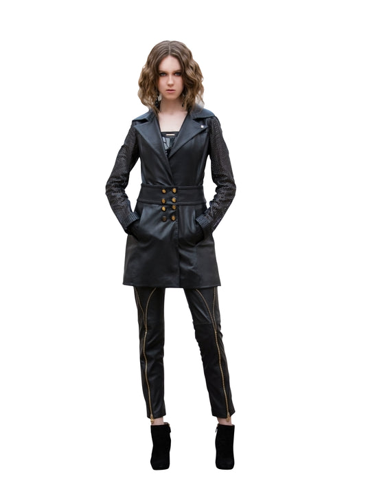 Black Sleeve Perforated Reindeer Leather Trench Limited Edition - Only one left M