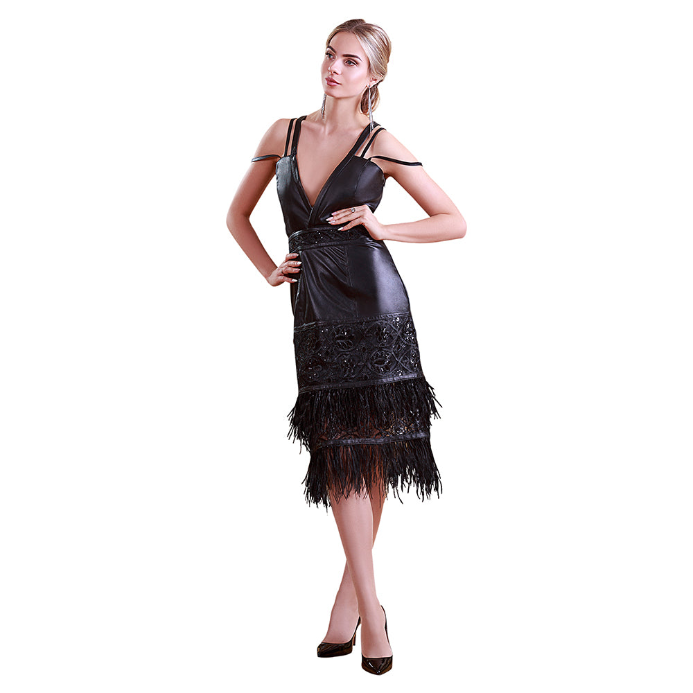 Sequin Lace Ostrich Feathers Reindeer Leather Evening Dress- Limited Edition