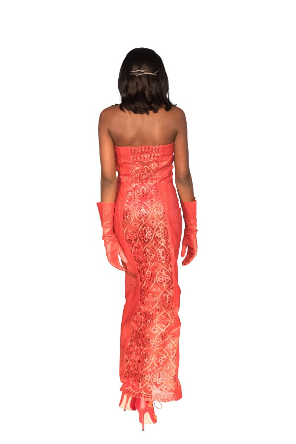 Sequin Lace Perforated Reindeer Leather Evening Dress- Limited Edition
