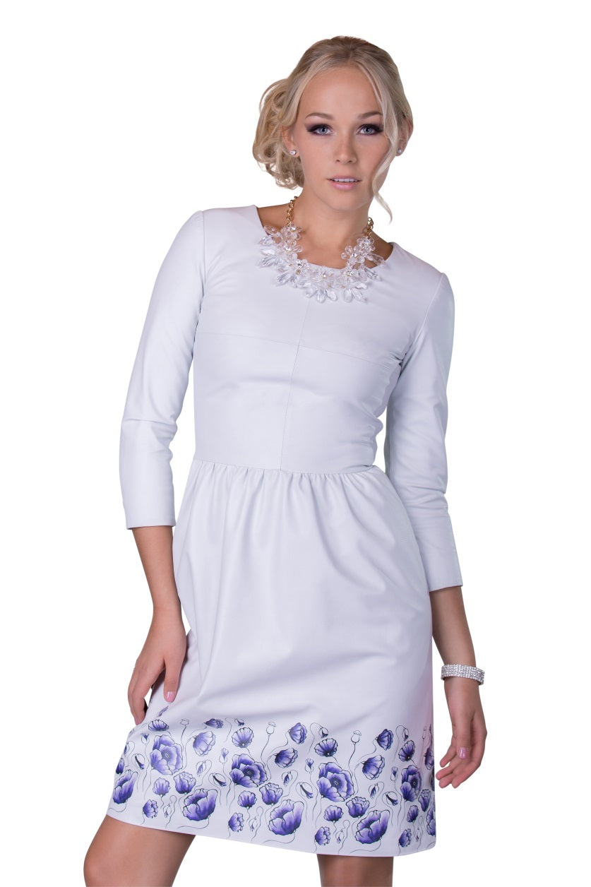 White Printed Reindeer Leather Sleeved Dress- Limited Edition