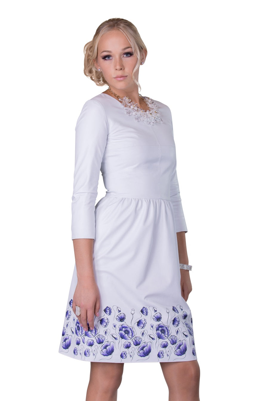 White Printed Reindeer Leather Sleeved Dress- Limited Edition