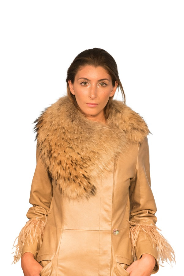 Raccoon Ostrich Feathers Reindeer Leather Trench- Limited Edition