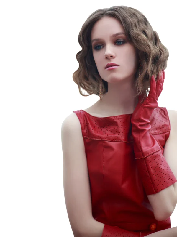 Red Perforated Reindeer Leather Gloves